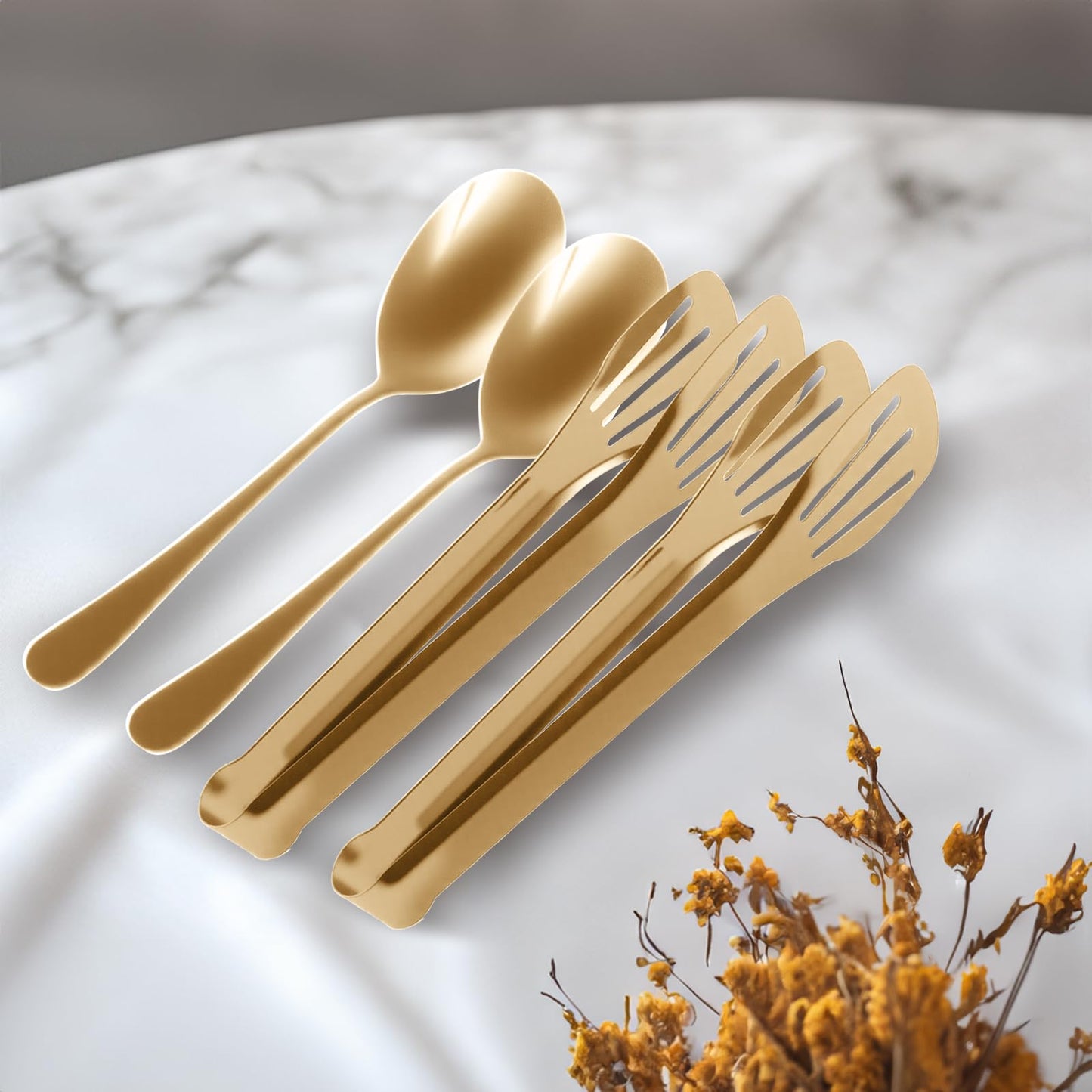12PCS Stainless Steel Serving Utensils Sets,8 Large Serving Spoons,4 Serving Tongs,Gold Serving Utensills Sets for Buffet Catering Banquet Party (Gold)