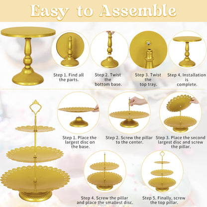 Fivenl 8 Pcs Cake Stand Gold Metal Dessert Table Display Set, 3-Tier Cupcake Stand, Cake Display Tower and Cookie Tray Rack Serving Tray for Birthday Party, Weddings, Baby Shower (Gold)