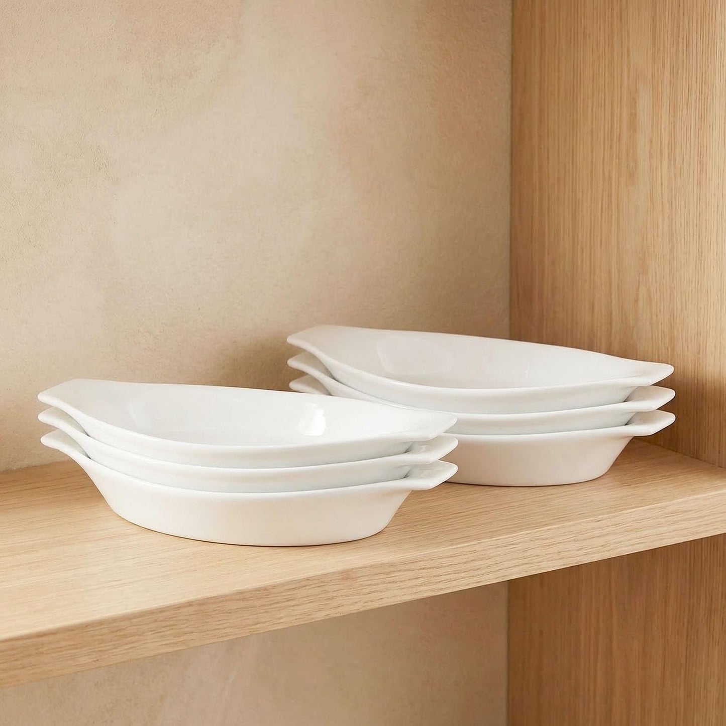 jinsongdafa 6" x 4" Ceramic Oval Small Au Gratin Baking Dishes 7 oz, Set of 4 Banana Split Bowls, Oven and Microwave Safe, for 1 person servings, Bakeware with Handle(8.3 IN) for Kitchen and Home