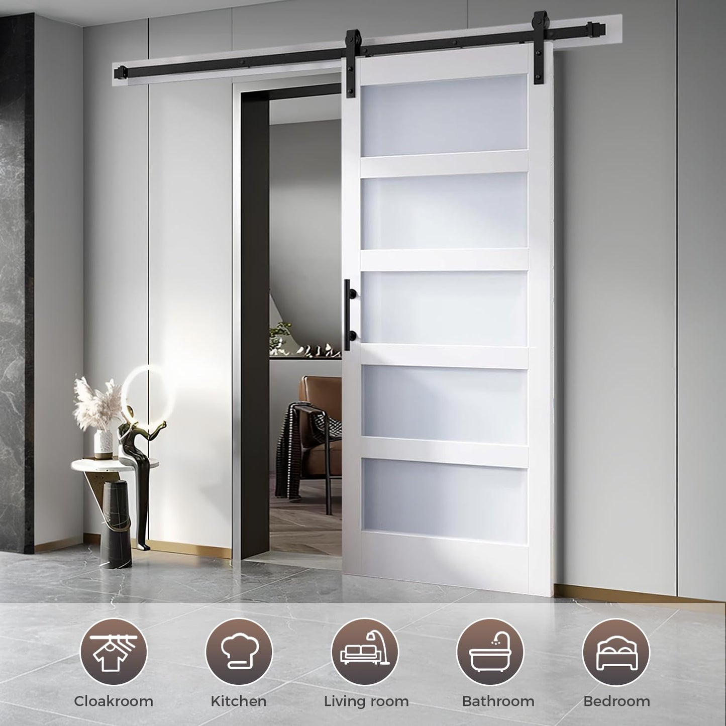S&Z TOPHAND® 30 in x 96 in Glass Sliding MDF Barn Door with 5FT Sliding Door Hardware Kit, 5 Tempered Frosted Glass, Slab Inside Covered with Water-Proof PVC Surface, Simple DIY Assembly