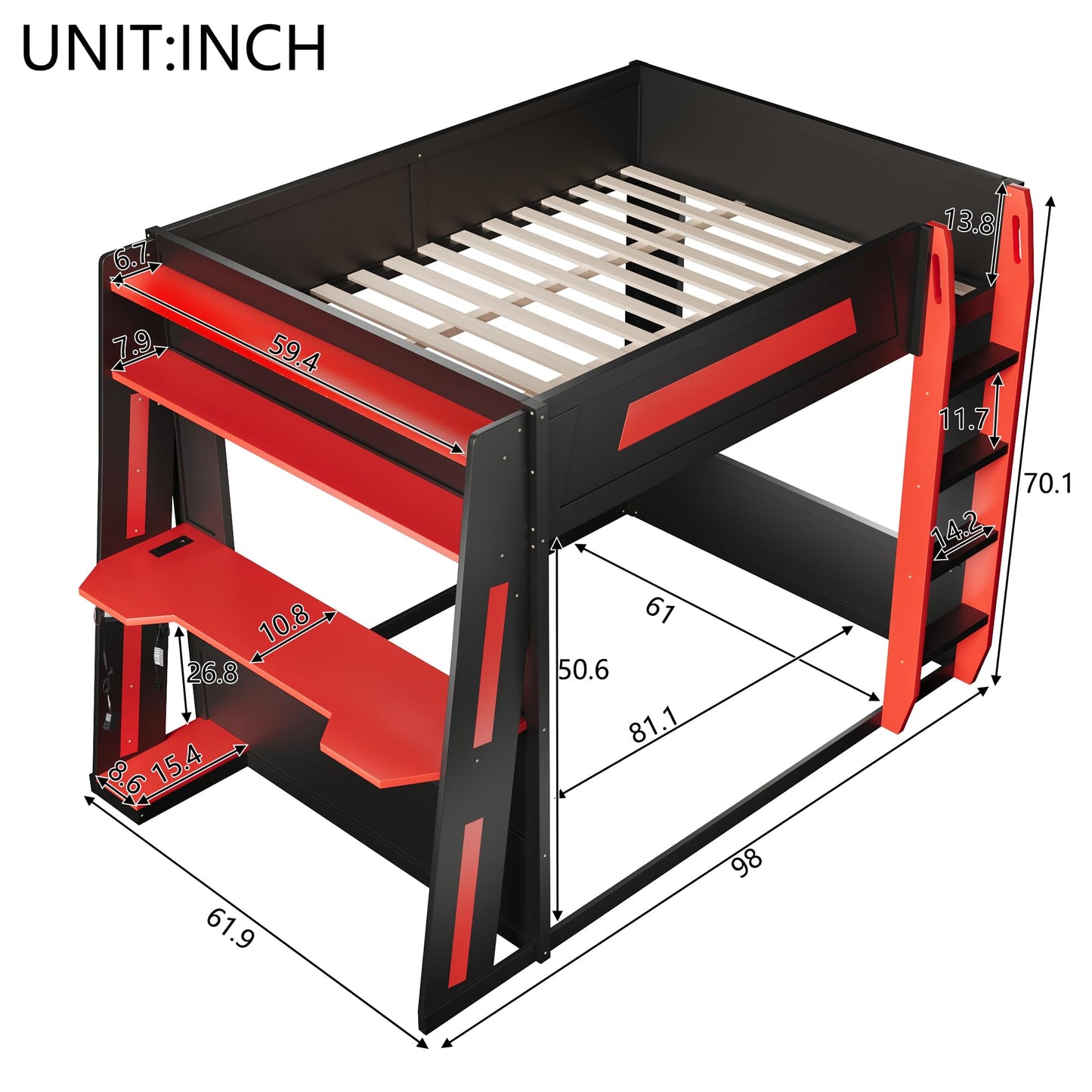 Merax Queen Over Queen Wooden Gaming Bunk Bed with Built-in Desk, LED Lights, USB Port, and 2 Storage Shelves, Solid Wood Gaming Loft Bed for for Bedroom, Black+Red