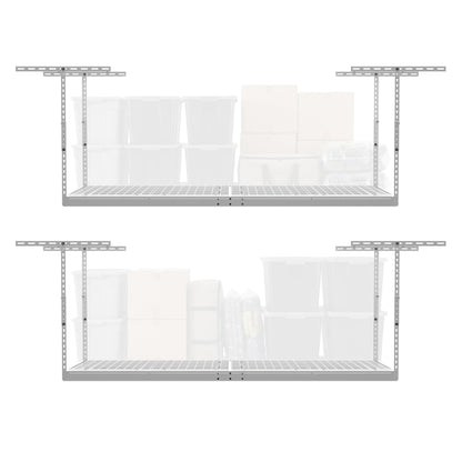 MonsterRax Overhead Garage Storage Racks 3x8’ (2-Pack) Ceiling Mounted Shelving, Adjustable Hanging Organizer, Heavy Duty Steel, Holds 500 Pounds, Color: White, Adjustable from 24"-45" off the Ceiling