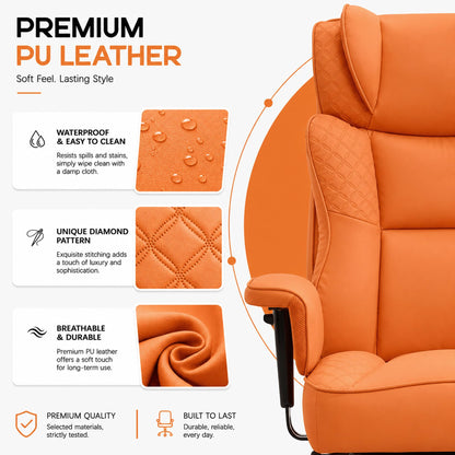 Office Desk Chair, High-Back Big and Tall Leather Chair with Footrest, Ergonomic Reclining Computer Chairs, Comfy Executive Wide Chair with Lumbar Support, Adjustable Padded Armrests, 400LBS (Organge)