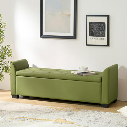 The support you need 58" Faux Leather End of Bed Storage Bench with Flared Arms & Tufted Seating, Large Elegant Transitional Upholstered Bedroom Benches, Flip Top Entryway Ottoman Footrest, Moss