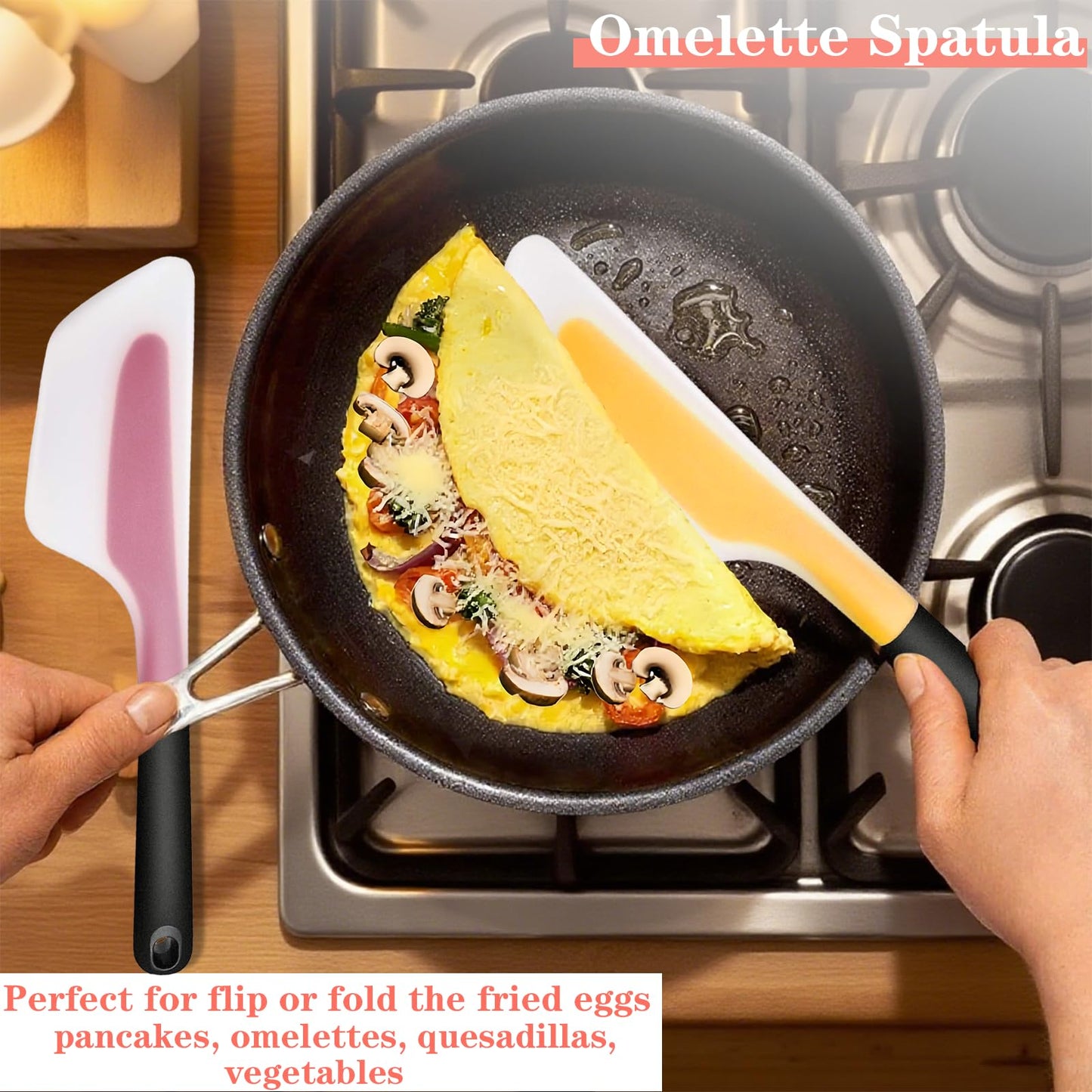 Bigwinyep Omelette Spatula, Silicone Spatula Heat Resistant Flip and Fold Omelette Turner for Kitchen Omelet Pancake Crepes, Pink&Yellow