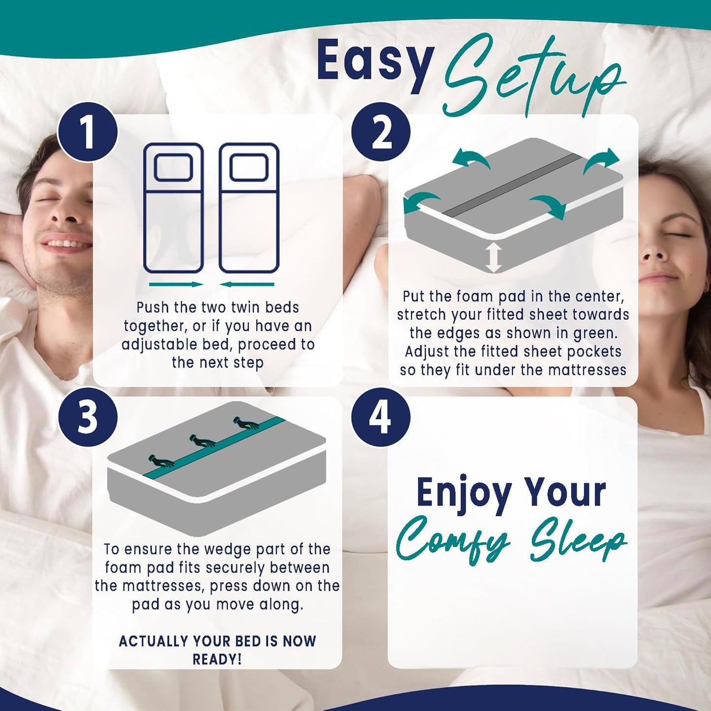 EPHEDORA 2-in-1 Fitted Sheet Attached Bed Bridge Twin (XL) to King Converter Kit | Split King Gap Filler for Adjustable Bed | White