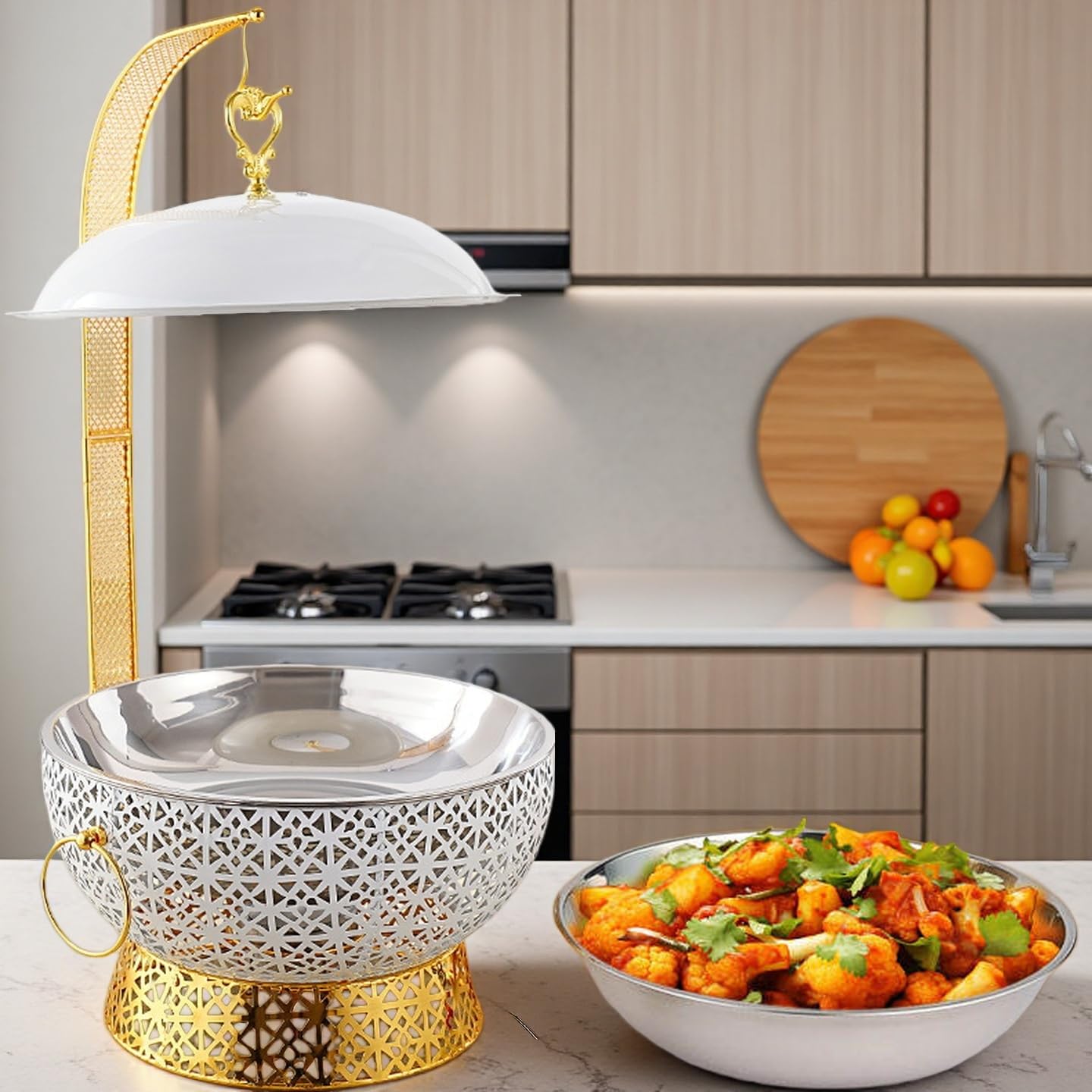 8QT White Chafing Dishes for Buffet 4 Pack, Round Stainless Steel Luxury Food Warmer for Parties Buffet, Elegant Hollow-Out Buffet Warmer for Hotel, Weddings, Home Parties, Christmas Gatherings (4)