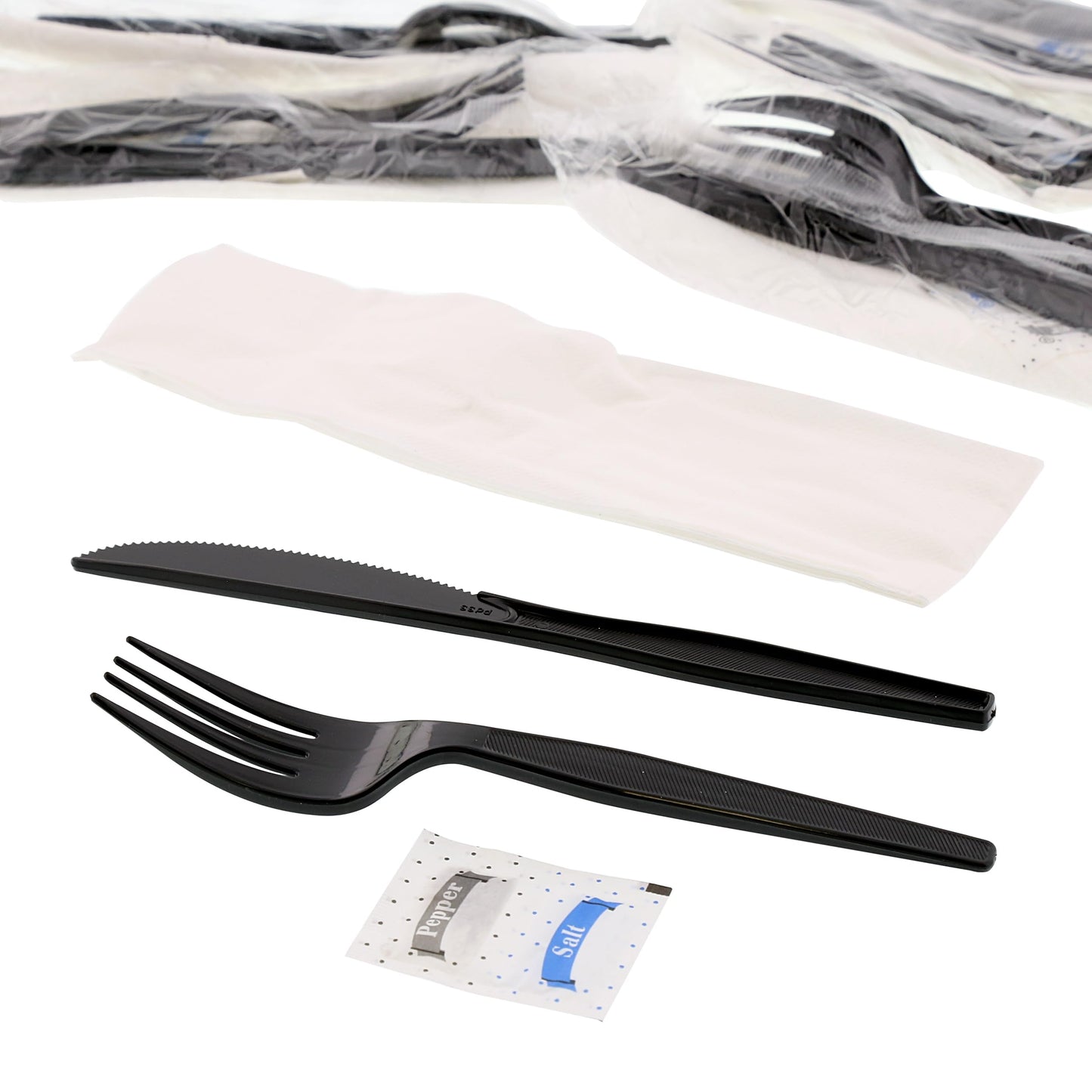 AmerCareRoyal 5-in-1 Disposable Silverware Heavy Duty Plastic Utensil Set with Fork, Knife, Salt & Pepper Packets, 13x17 inch 2-ply Napkin - Individually Wrapped Cutlery Meal Kit, Black, Case of 500