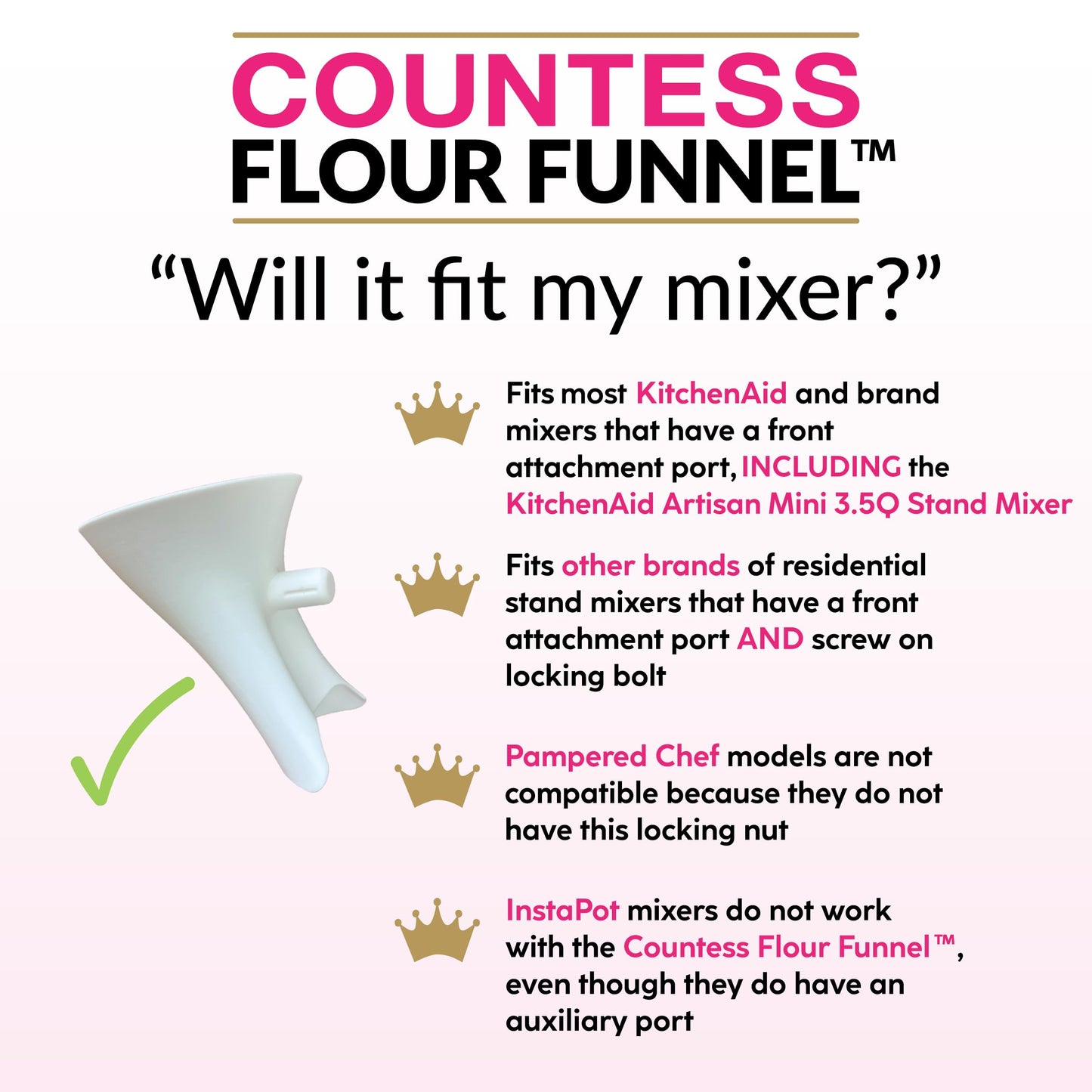 Countess Flour Funnel™ - Stand Mixer Attachment by The Cookie Countess (White)