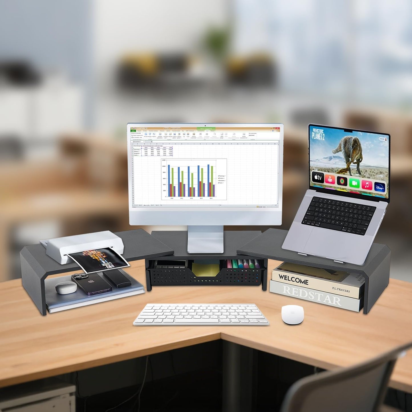 LEKETREE Dual Monitor Stand Riser with Drawer, Computer Stand for Desk, Workspace Desktop Stand, Desk Organizer for Computer, Laptop, TV and More (Black)