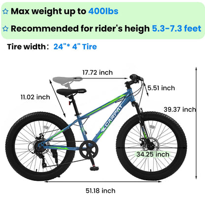 24 Inch Fat Tire Bike Adult/Youth Full Shimano 7 Speeds Mountain Bike, Dual Disc Brake, High-Carbon Steel Frame, Front Suspension, Mountain Trail Bike, Urban Commuter City Bicycle (BlUE, 24inch)