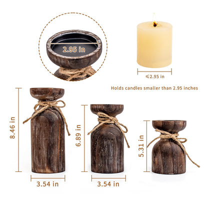 Farmhouse Wooden Candle Holders for Pillar Candles, Brown Distressed Set of 3 Rustic Wood Pillar Wood Candle Stands with Hemp Rope Bow Table Centerpiece Decor for Fireplace, Living, and Dining Room