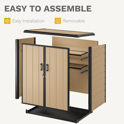 DWVO 4.2x2.6ft Outdoor Storage Shed with 2 Shelves, 54 Cu Ft Waterproof Resin Garden Shed with Floor & Lockable Door, Plastic Tool Cabinet for Garbage Cans, Lawn Equipment, Garden Supplies (Brown)