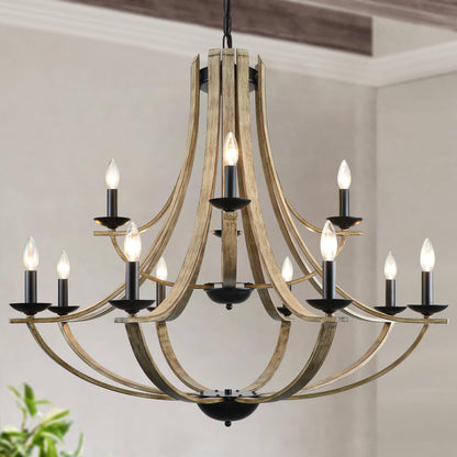 LAMPKEDUO Farmhouse Chandeliers for Dining Room Light Fixture, 2 Tier 12-Light 41" Adjustable Height Retro Faux Wood Texture Rustic Light Fixtures for Living Room Bedroom Kitchen Island Foyer Entryway