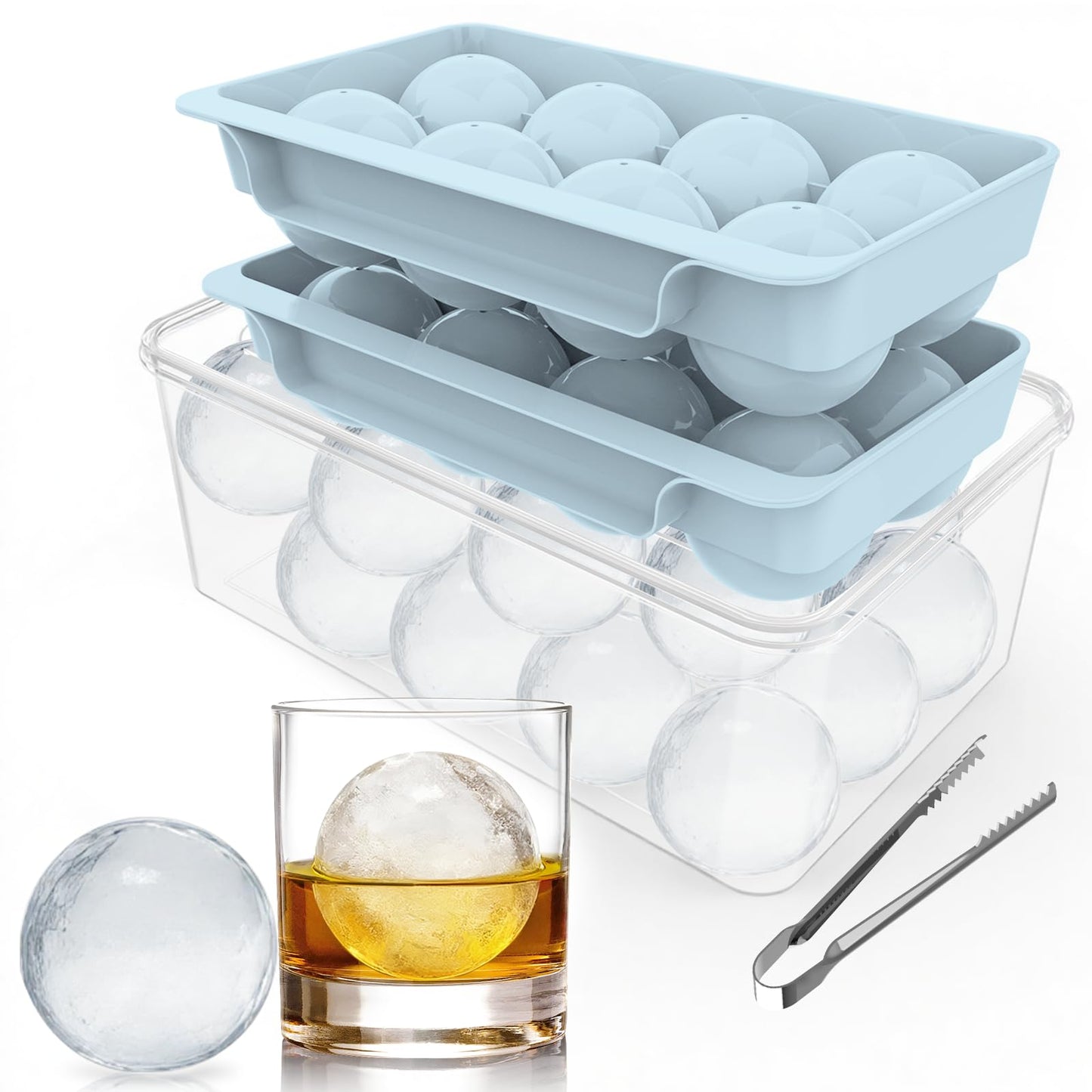 Large Ice Ball Maker Mold, 2.5" Round Ice Cube Mold for Whiskey Bourbon Cocktail, 8 Balls, Sphere Ice Mold, Big Ice Cube Tray with Container and Tongs, Easy to Fill & Release