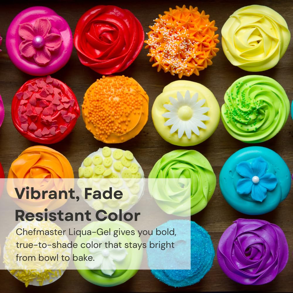 Chefmaster - Liqua-Gel Food Coloring - Fade Resistant Food Coloring - 12 Pack - Vibrant, Eye-Catching Colors, Easy-To-Blend Formula, Fade-Resistant