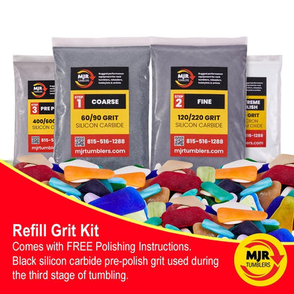 MJR Tumblers Rock Tumbler Grit Kit Refill for 15lb Tumblers, 4 Step Silicon Carbide & 12,000 Grit Aluminum Oxide Polish, Stone Polishing Kit for Rotary & Vibratory Rock Tumblers
