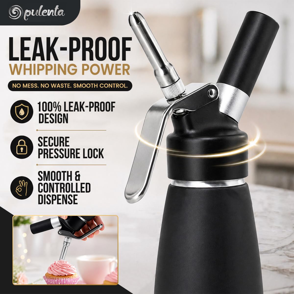 Opulenta Premium Whipped Cream Dispenser – Leak-Proof Whip Maker with 3 Stainless Steel Nozzles, Spatula, Food Pen & Brush – Professional Whipped Cream Maker Canister – N2O Not Included – 500ml