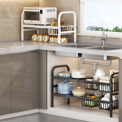 Fliqor Under Sink Organizer，2 Tier Expandable Heavy Duty Metal Shelf，with 5 Removable Panels and 5 Storage Basket for Under Kitchen Bathroom Sink Organizers and Storage(Black, Large)
