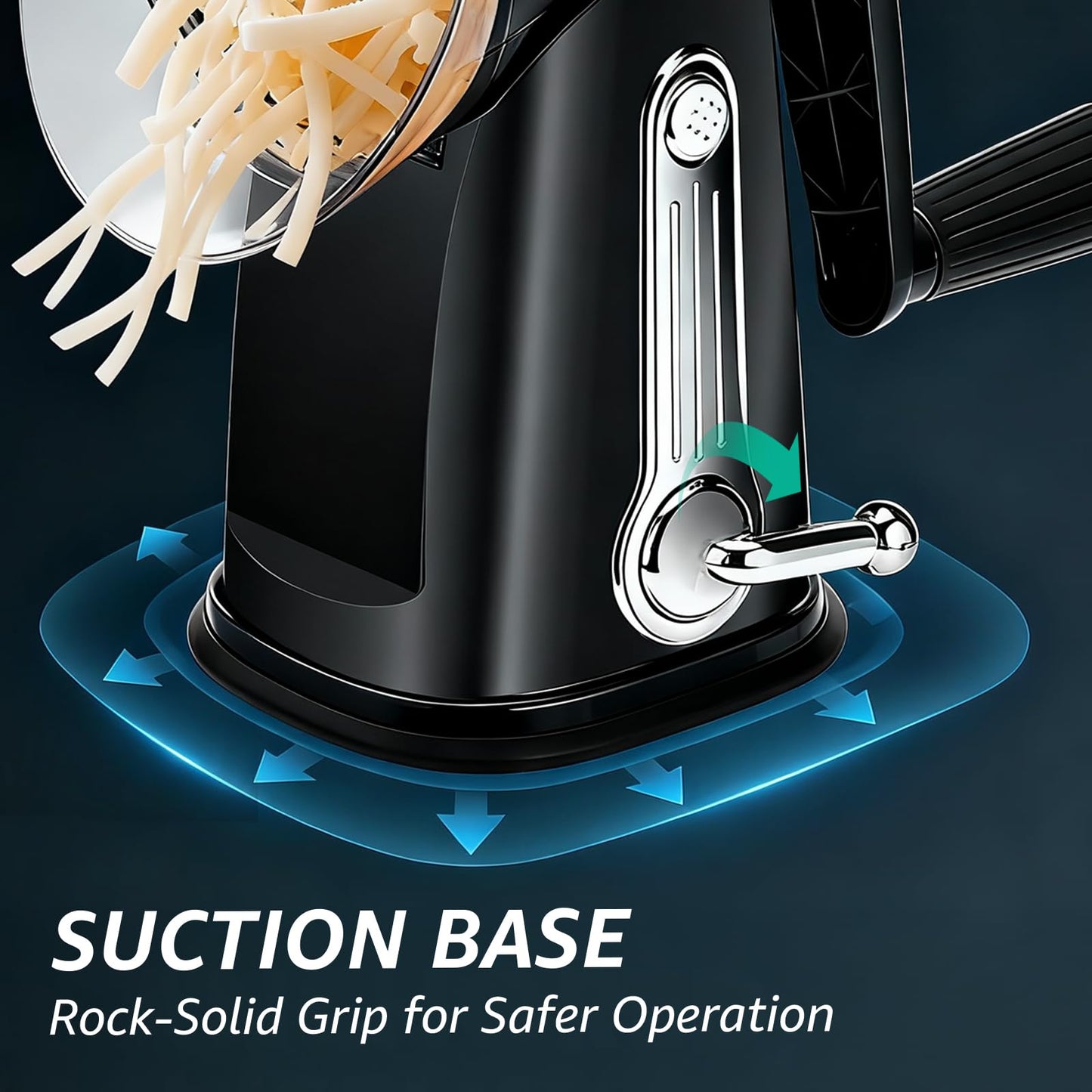 EVUCBEITS Rotary Cheese Grater Hand Crank - Cheese Shredder with 5 Blades & Strong Suction Base, Mandoline Slicer Vegetable Chopper, Kitchen Gadgets with Storage Box, Black