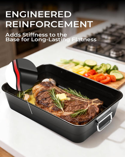 Armorbear Turkey Roasting Pan with Rack Non stick Carbon Steel Roaster 16x11 Inch, Dishwasher Safe, Deep Baking Broiler Pan for Oven Chicken, Bacon, Black