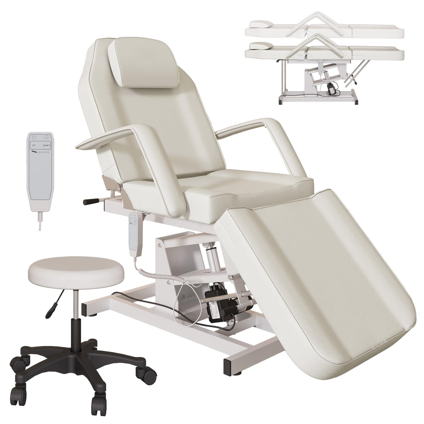 YOCONYO Electric Facial Bed for Esthetician, Tattoo Chair for Client Spa Massage Chair with Hydraulic Stool, 3 Section Esthetician Bed for Home Spa Beauty (White)