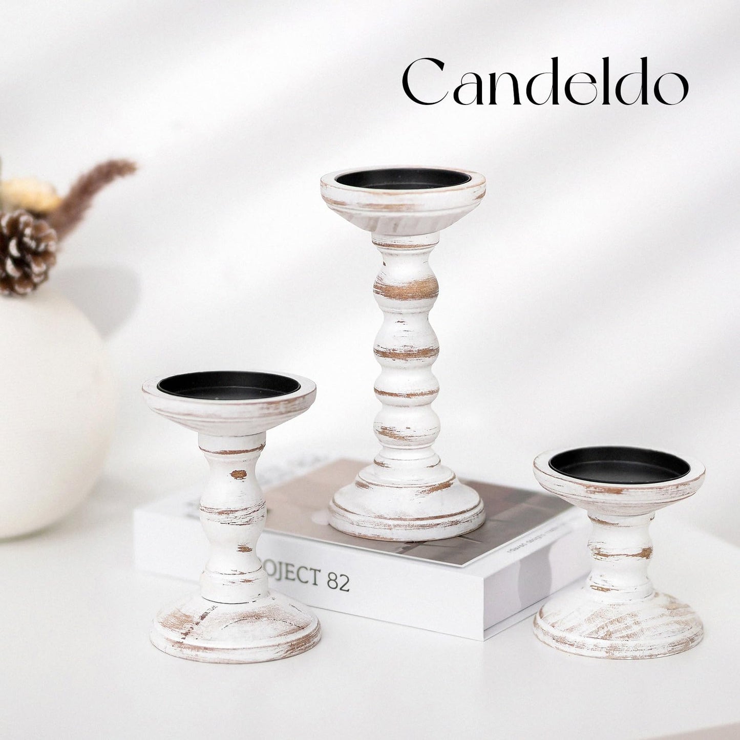 Candeldo Wood Candle Holders for Pillar: Rustic Candles Holder Set of 3 Tall Table Centerpiece Shabby Chic Decor Wooden White Farmhouse Decorations for Fireplace Mantle