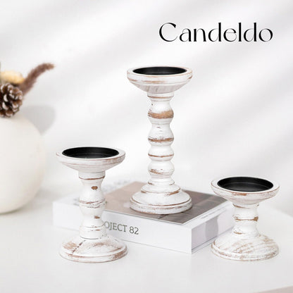 Candeldo Wood Candle Holders for Pillar: Rustic Candles Holder Set of 3 Tall Table Centerpiece Shabby Chic Decor Wooden White Farmhouse Decorations for Fireplace Mantle