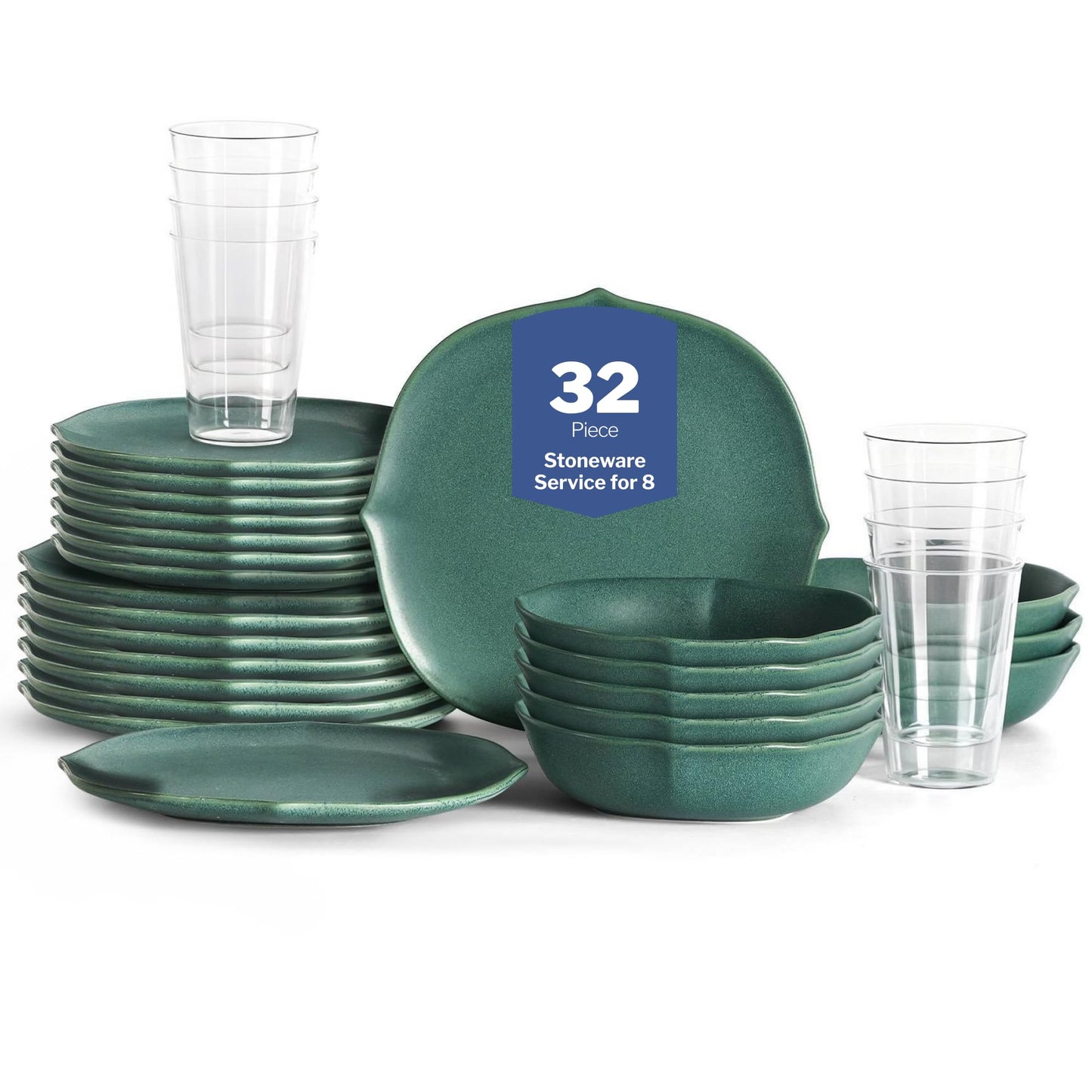 Stone Lain Baskerville 32-Piece Dinnerware Set Stoneware, Borosilicate Glass, Green