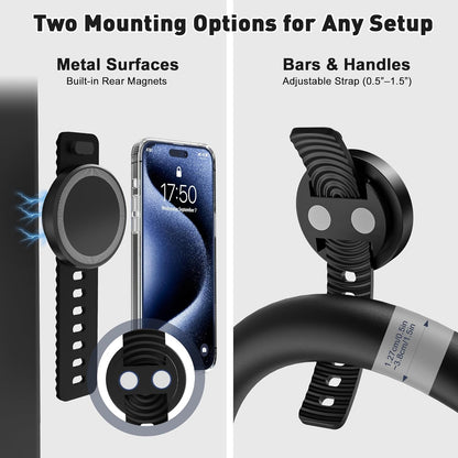 Stroller Phone Holder, Compatible with MagSafe, Magnetic Handlebar Mount, 17x N52 Strong Magnets, Fits Treadmills, Peloton, Shopping & Golf Carts, Adjustable Strap, iPhone 12–16 & Android
