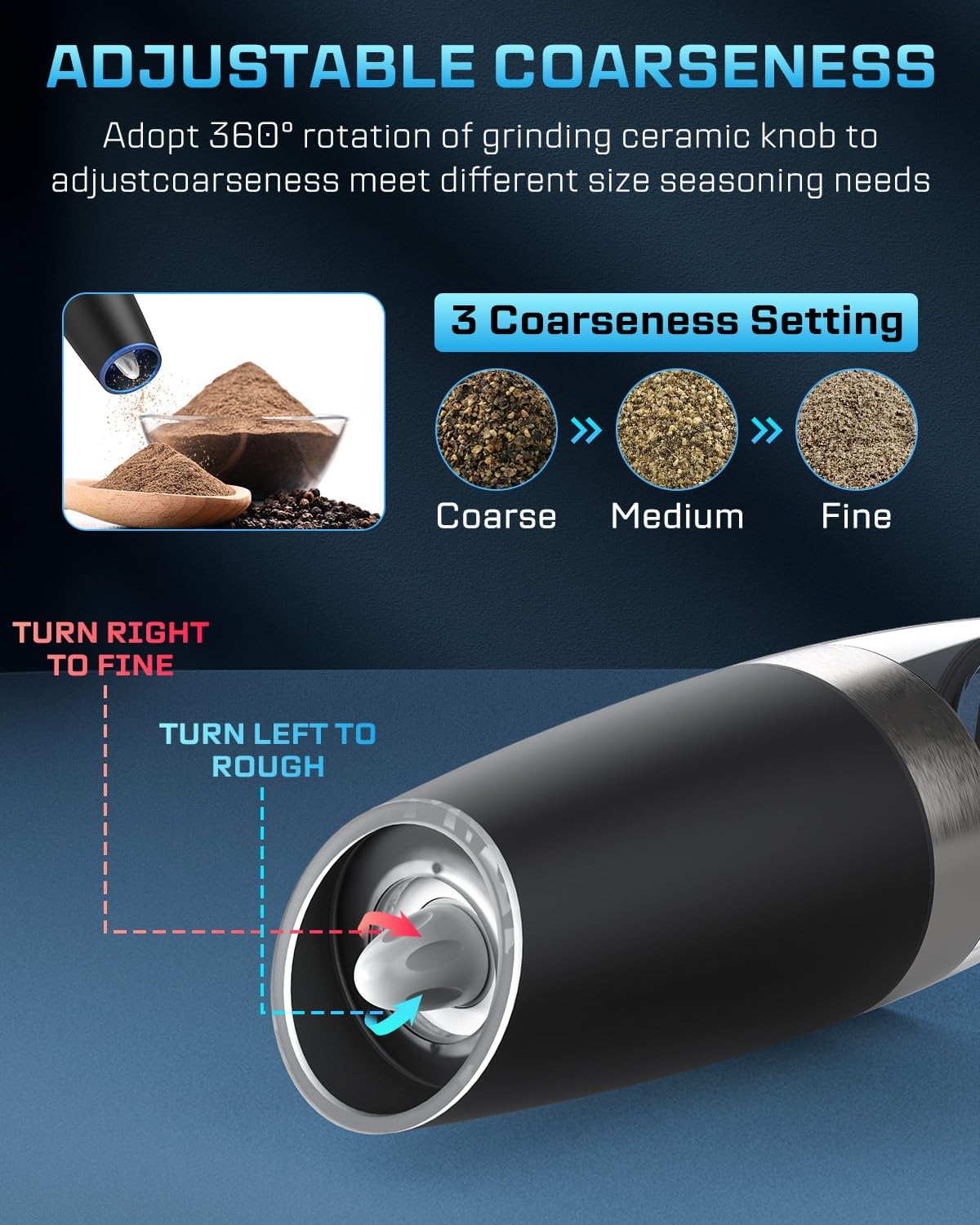 XinXu Gravity Automatic Electric Pepper and Salt Grinder, Auto Mill Shaker, Stainless Steel, Black with Blue LED Light