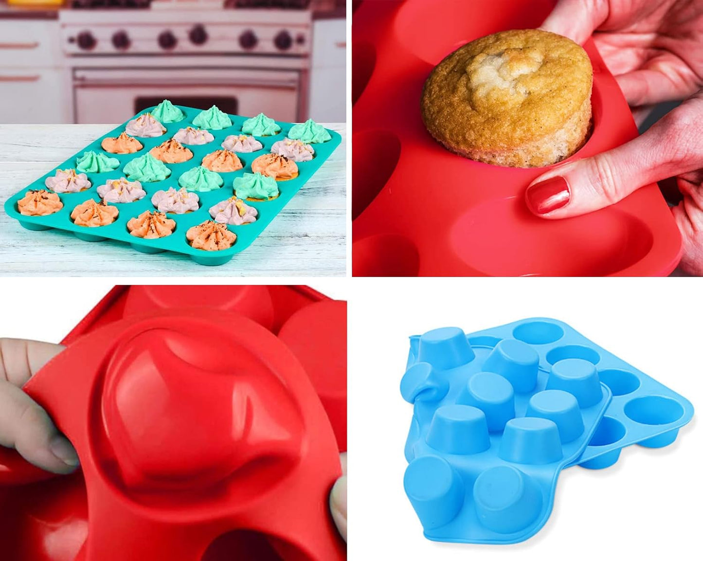Mini Muffin & Cupcake Set, 24 Cups Nonstick Silicone Baking Pan, BPA Free, Dishwasher Safe, 2 Pieces (Red)