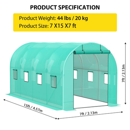 7*15*7FT Walk-in Greenhouse, Portable Walking in Tunnel Tent, Walking in Tunnel Tent with Galvanized Pipe, 2 Roller Zippered Door & 8 Screen Windows, Greenhouses for Outdoors (Bottom widening Design)