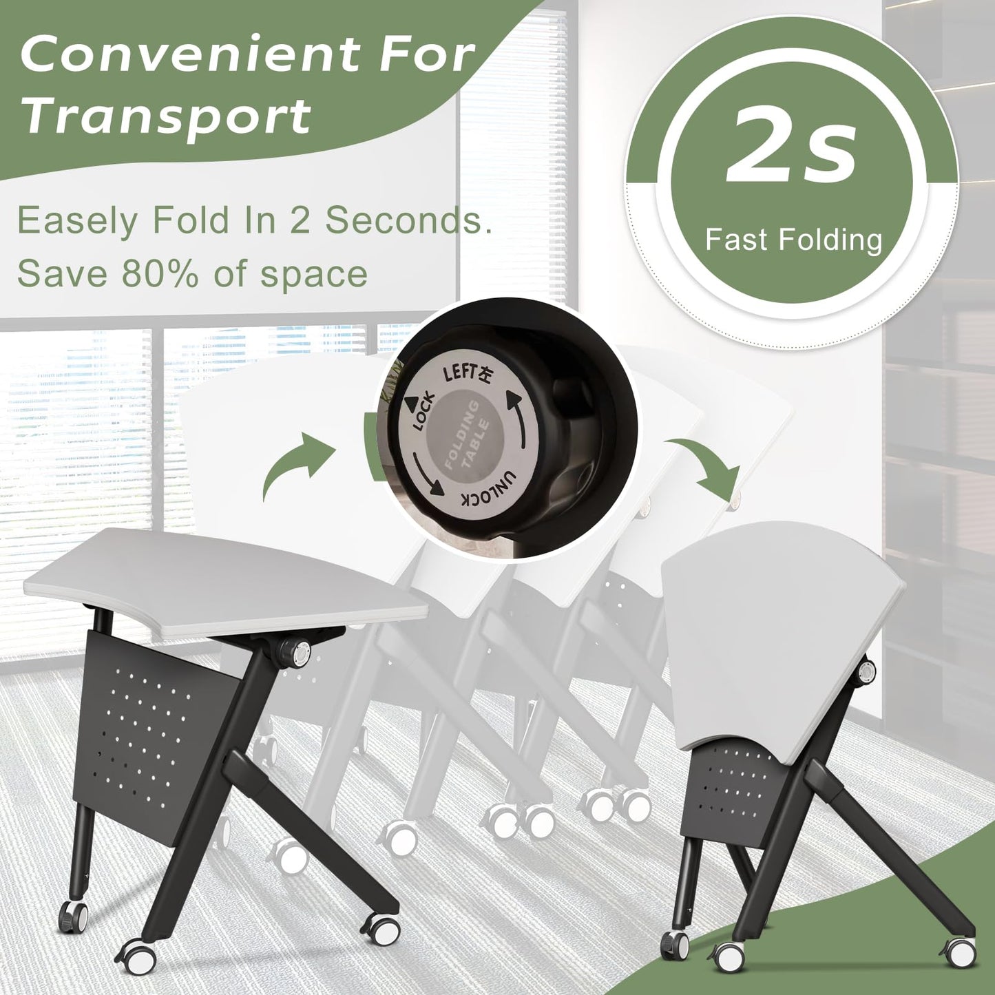 JFazzruit Folding Conference Table,Fan-Shaped Conference Room Tables with Wheels, Mobile Modular Seminar Meeting Desk for Classrooms,Office & Seminar (4, Fan-White)
