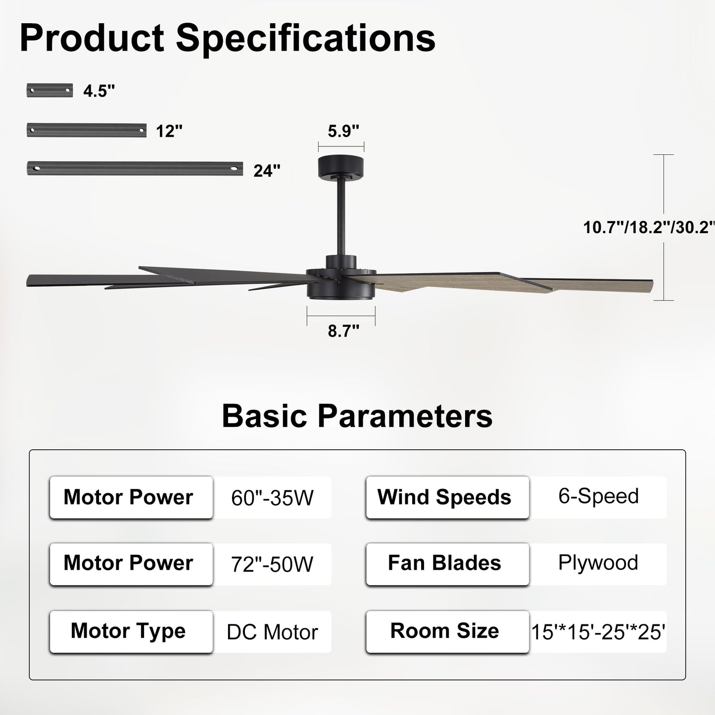 WINGBO 60" Black Ceiling Fan without Light, Modern Large Ceiling Fan with Remote Control, 6-Speed Reversible Noiseless DC Motor, Black/Driftwood Blades for Living Room, Bedroom & Covered Outdoor