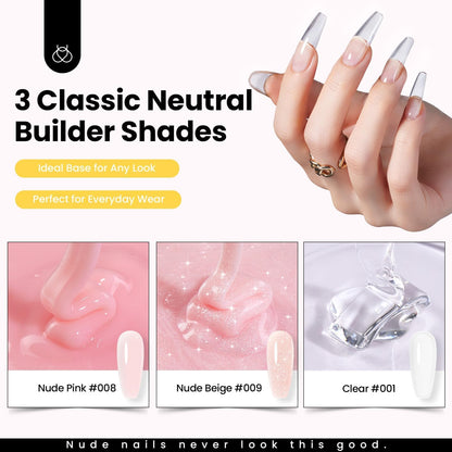 Beetles Builder Gel for Nails-3 Colors 9 in 1 Nail Extension Sculpting Building Clear Nude Pink Hard Gel Kit with Base Top Coat for Pros Women,UV & LED Lamp Cured Needed