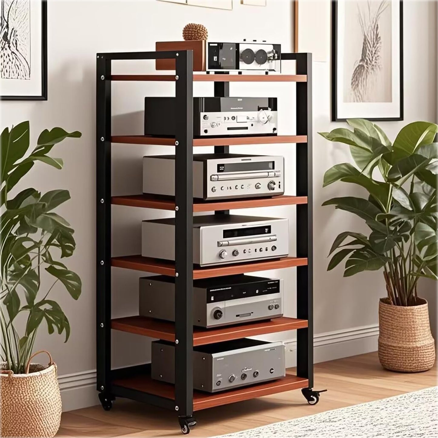 Dernoing 6 Tier Audio Rack Tower, CD Record Player Stereo Receiver AV Equipment Cabinet Display Rack, Weight Capacity 661 lbs, with Adjustable Wooden Shelves for Home (6 Tier Teakwood)