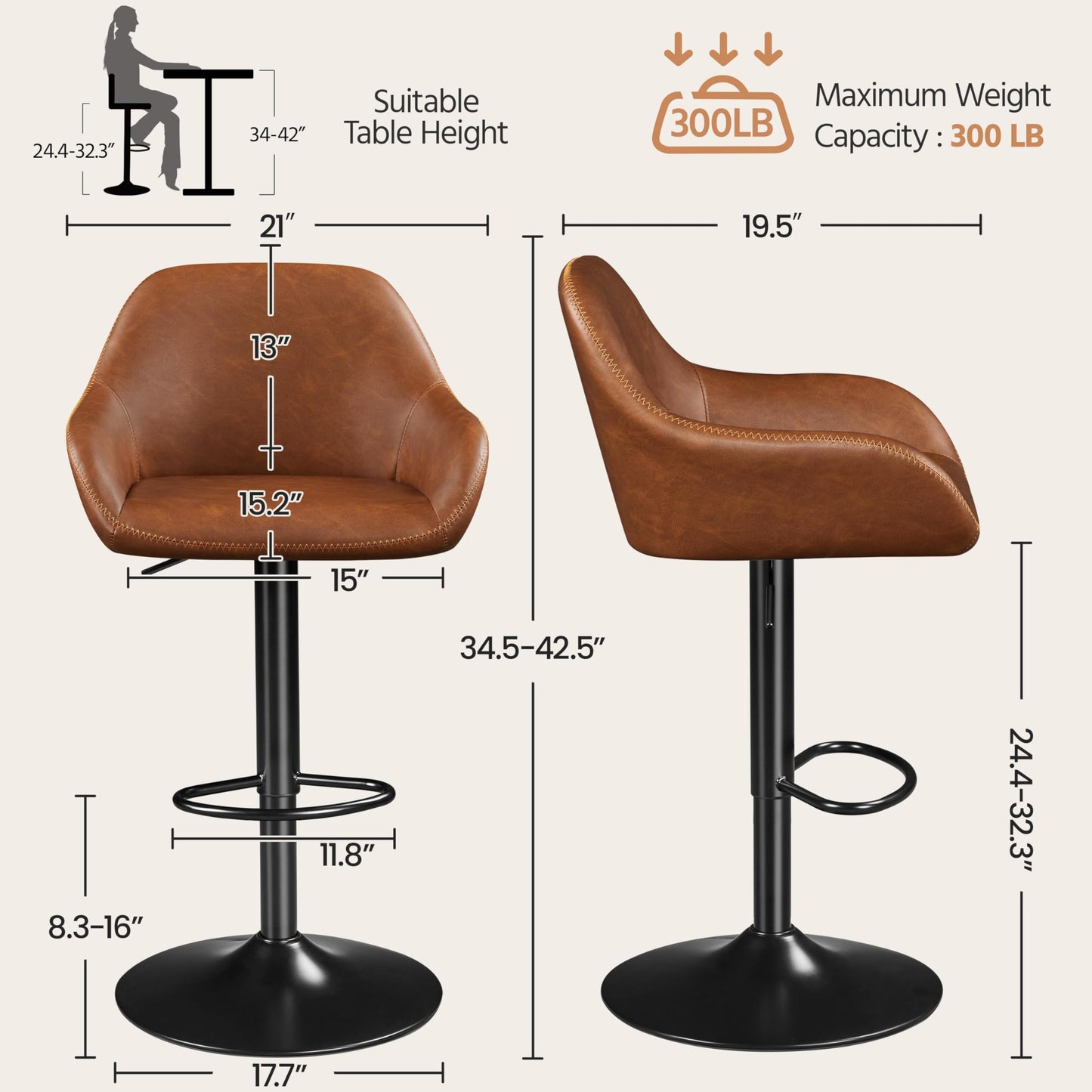 Yaheetech Bar Stools Set of 4, PU Leather Swivel Counter Height Barstools, Adjustable Bar Chairs with Backrest and Footrest, Kitchen Island Stool for Home Kitchen, Retro Brown