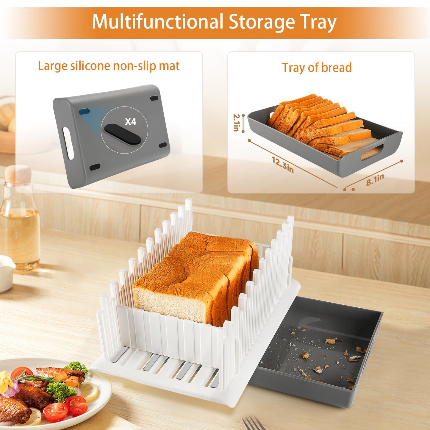 YONGAIJIA Bread Slicer Guide for Homemade Bread with 304 Stainless Steel Sheet and Storage Tray、3-Slice Thickness，Adjustable Width for Cake、Bagels、Toast.