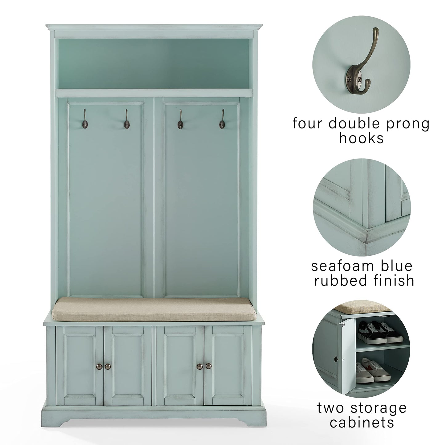Crosley Furniture Holbrook Hall Tree with Shoe Rack Bench and Coat Hooks for Hanging Storage, Distressed Seafoam Blue