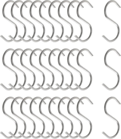 30pcs 2 Inch Silver S Shape Hooks, Heavy-Duty Hanging Hooks for Pot Pan Hanger, Kitchen Tools