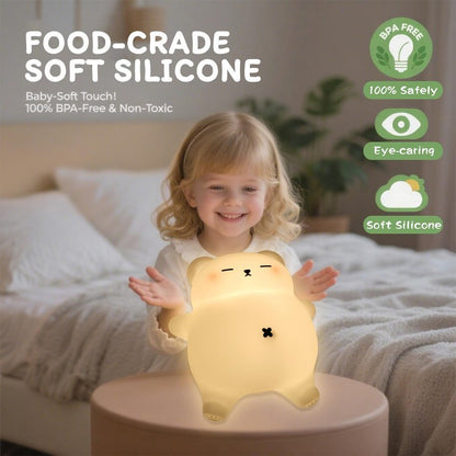 MAGOHMT Squishy Night Light for Kids, Bear Silicone Night Light - Rechargeable with Soothing Snore Sounds & Moving Tummy, 3-Level Dimming Touch Control
