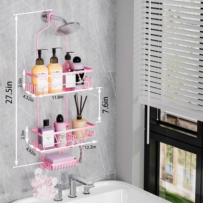 DAOYA Hanging Shower Caddy - Anti-Swing Organizer With 2 Soap Holders & Multi Hooks | Rustproof Pink Bathroom Accessory