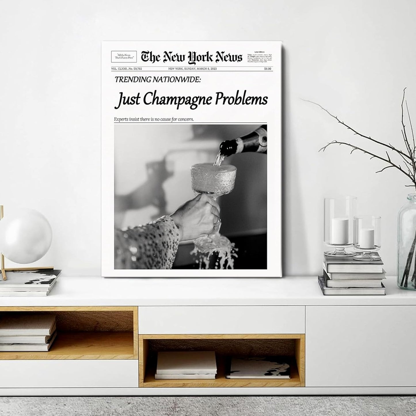 hottaacanvas 12x16 Champagne Problems Newspaper Framed Wall Art,Trendy Retro Black and White Wall Art for Bar Cart