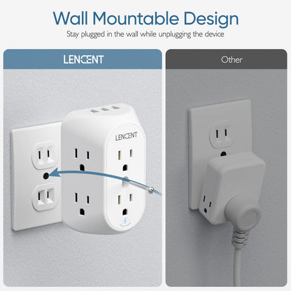 LENCENT 2 Prong Power Strip, 3 to 2 Prong Grounding Outlet Adapter 6 Outlet 1 Type C&2 USB 3.4A, Polarized Plug, 1728J Surge Protector, 3-Sided Wide Spaced Extender,Wall Mount for Non-Grounded Outlet