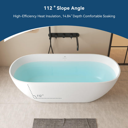 FerdY Fiji 69" Stone Resin Freestanding Bathtub, Classic Oval Shape Soaking Bathtub, Solid Surface Soaking Tub, cUPC Certified, Integrated Slotted Overflow and Matte White Pop-up Drain