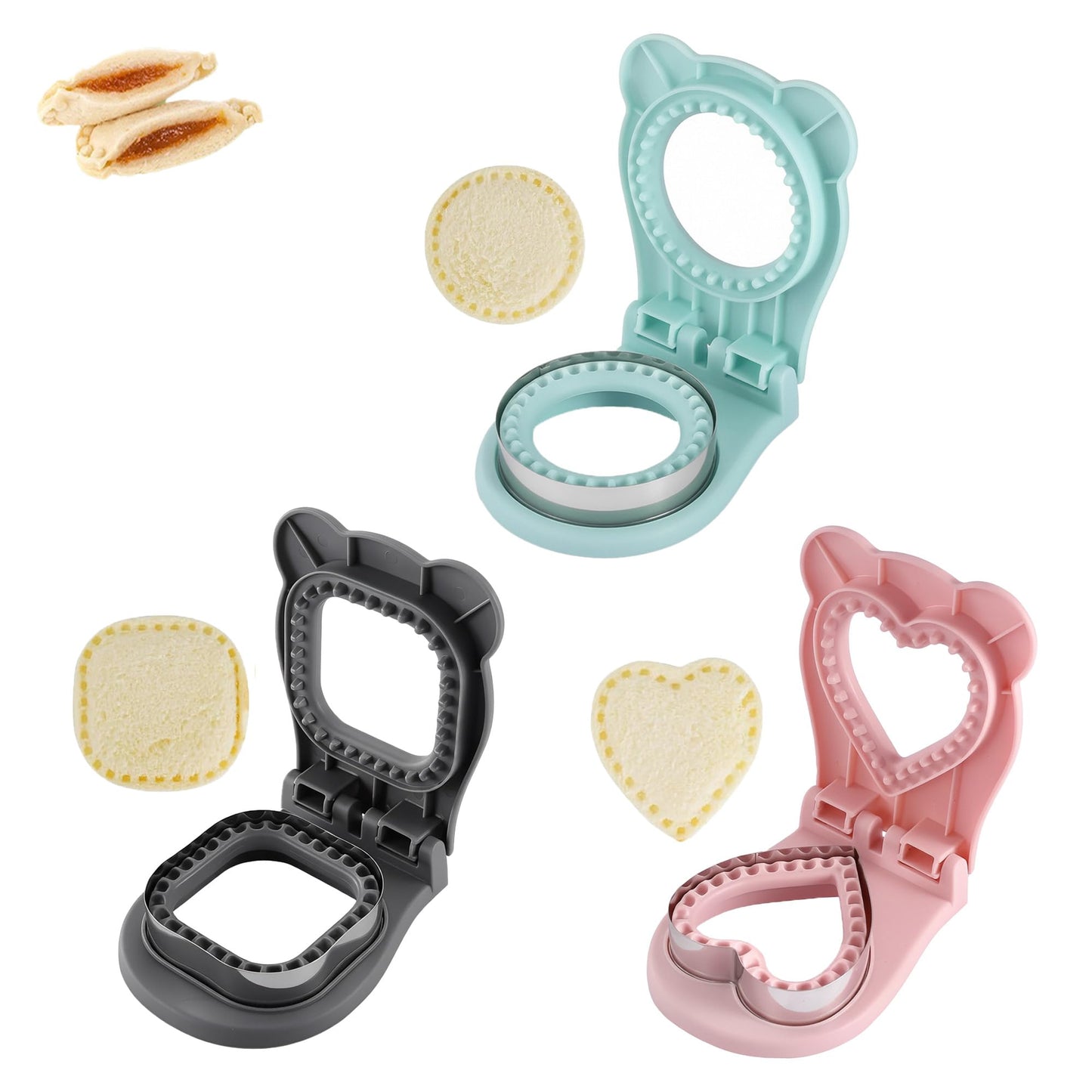 Sandwich Cutter and Sealer Set, 3 Pack Crustless Sandwich Maker for Kids Lunch, Dishwasher Safe PB&J Press Tool, Pink Heart, Blue Round, Grey Square