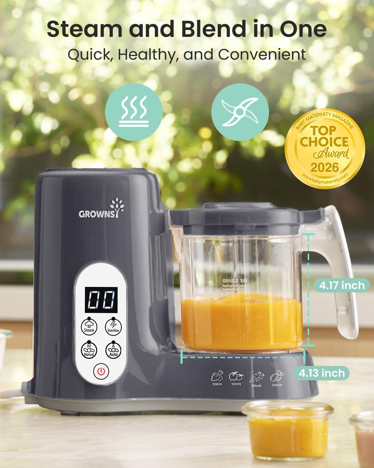 Grownsy Baby Food Maker with Steam Basket, One Step Baby Food Processor Steamer Puree Blender Grinder Mills Machine, Auto Cooking Grinding and Sterili-zing for Healthy Homemade Baby Food, Dark Grey