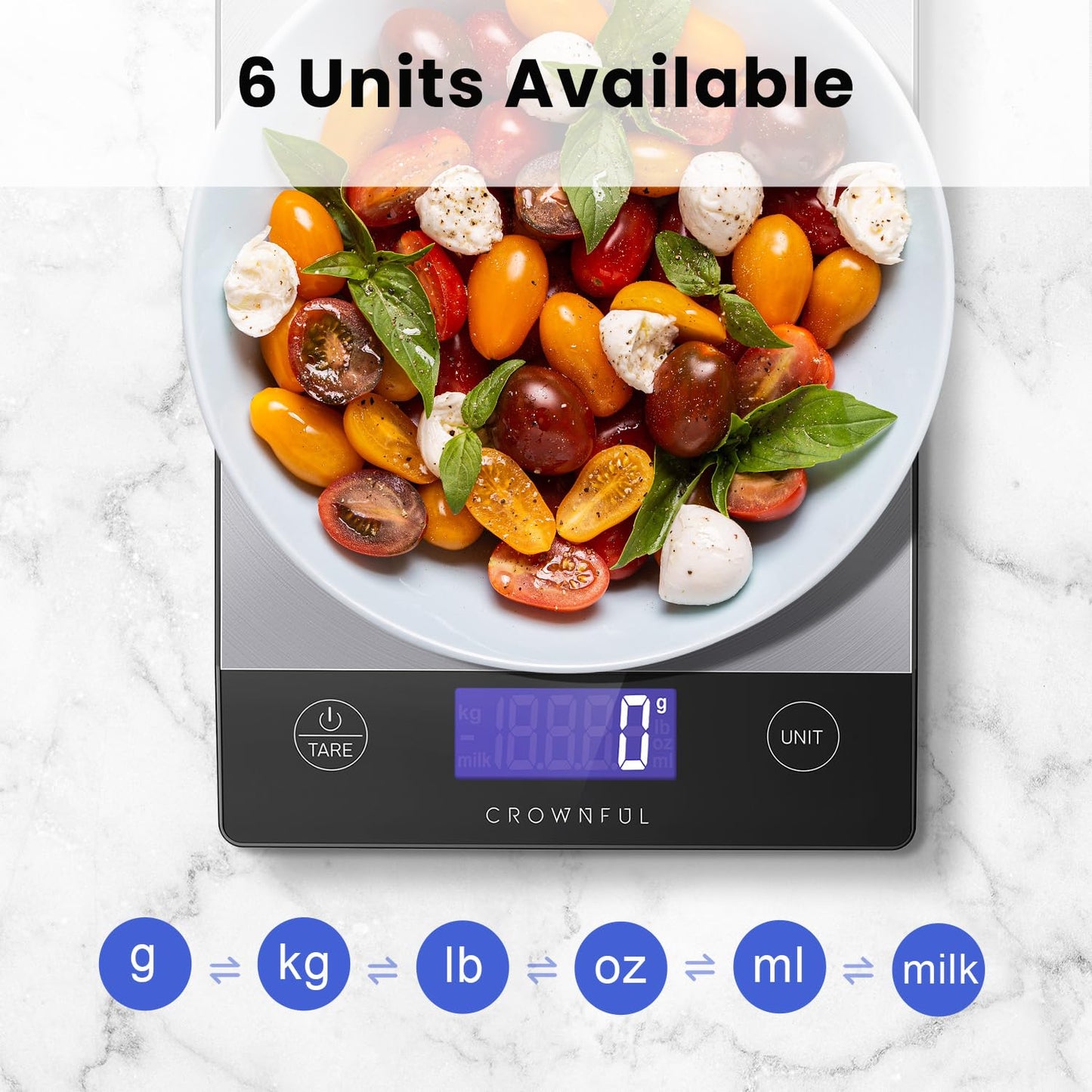 CROWNFUL Food Scale, 33lb Rechargeable 304 Stainless Steel Digital Kitchen Scale Weight Grams and Ounces with LCD Display and Type-C Charging for Meal Prep, Baking and Cooking