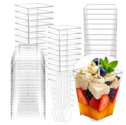 XCRUI 100Pack 5oz Dessert Cups with Lids and Spoons,Plastic Parfait Appetizer Cup,Disposable Plastic Cups, Great for Desserts, Appetizers, Puddings, Mousse